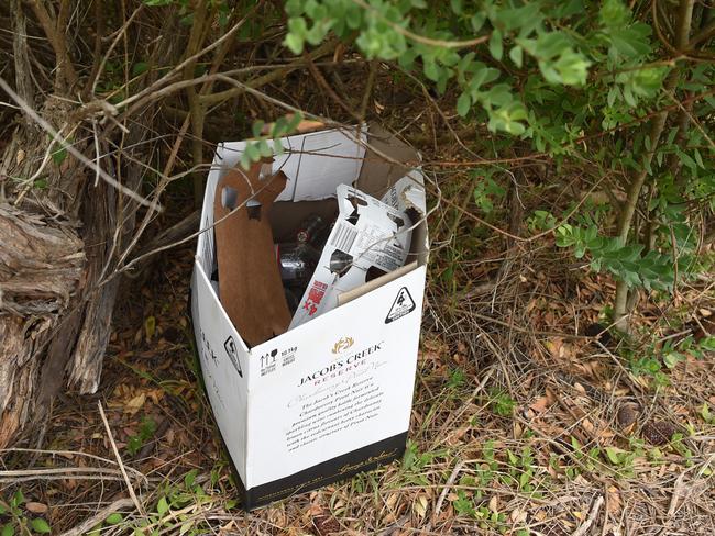 A box of rubbish on the track to The Pillars. Picture: Jason Sammon