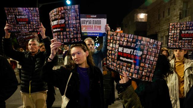 Relatives and supporters of Israeli hostagesrally near the Jerusalem residence of Benjamin Netanyahu on Sunday. Picture: AFP