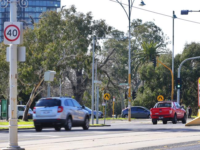 Cameras at this St Kilda intersection have racked up $45.5 million in fines in the past five years. Picture: Hamish Blair