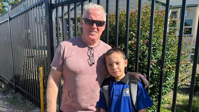 Peter Walker and Kurt Walker on Kurt's first day of school at Nambour State School in 2023. Photo: Chelsea Heaney