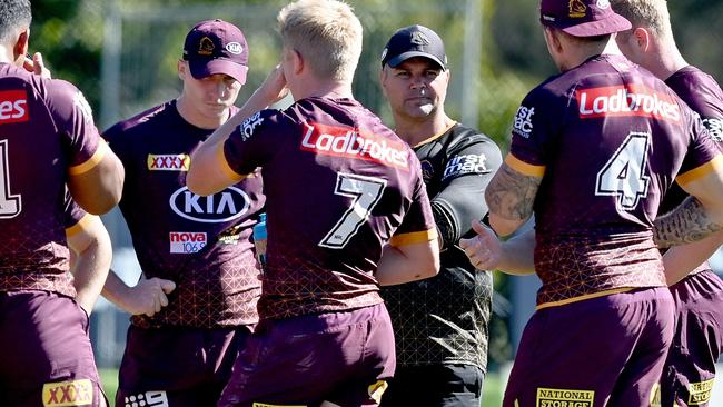 Ex-Broncos coach Anthony Seibold looks to get his message across in a training session. Picture: Getty Images