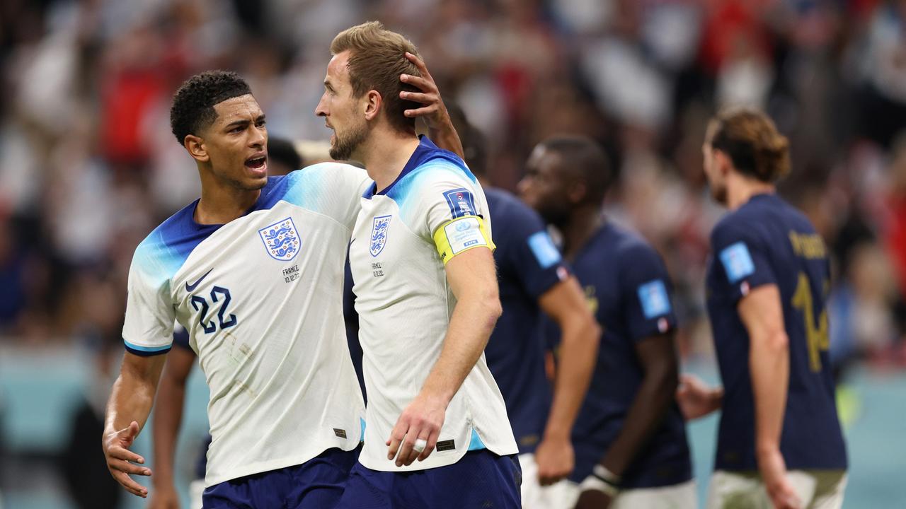 Jude Bellingham consoles Harry Kane of England after he missed a penalty. (Photo by Richard Heathcote/Getty Images)