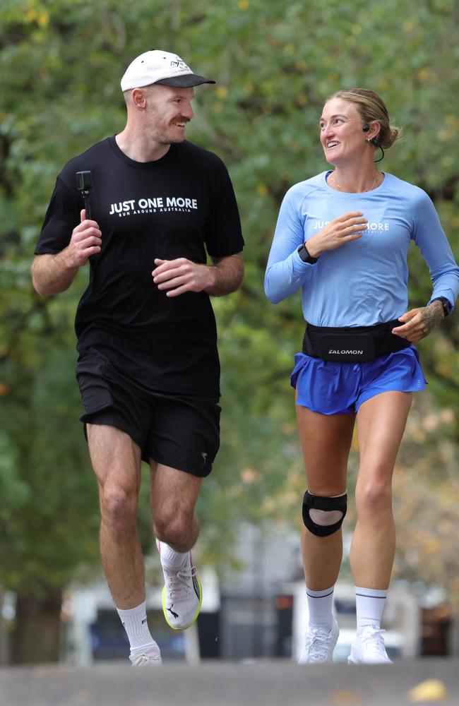 Brooke McIntosh is joined by her brother Kamdyn McIntosh on a run in Melbourne. Picture: David Crosling