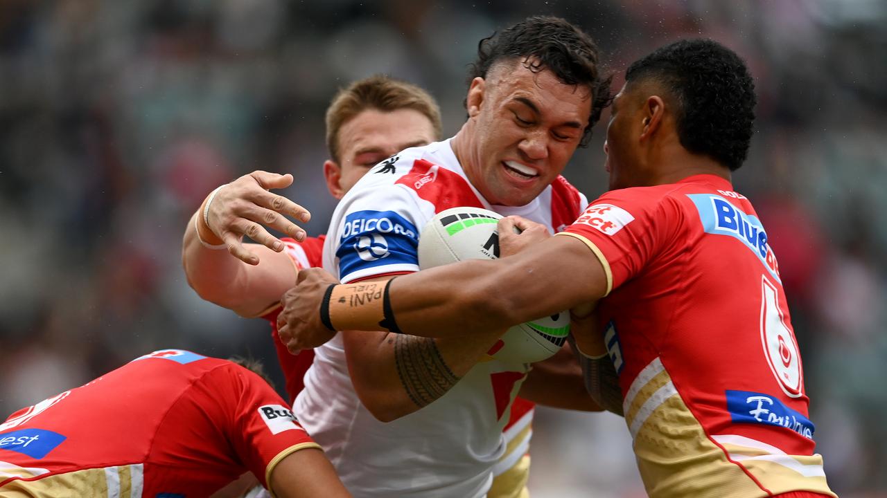 Jaydn Su'A was put on report for a high shot, before being forced from the field with a calf injury. Picture: NRL Images.