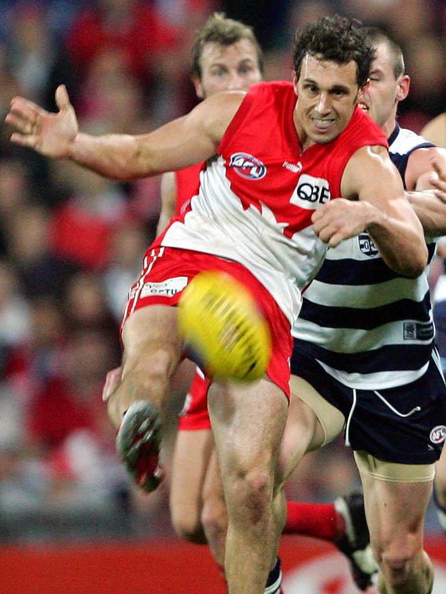 Nick Davis snaps his third goal against Geelong. Picture: Colleen Petch