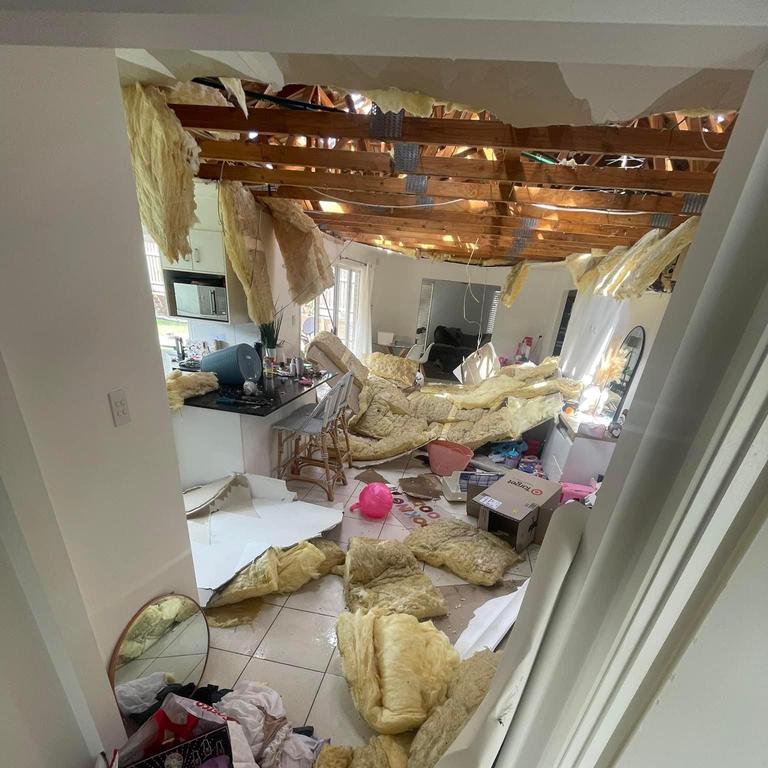 Devastation at a Pacific Pines house following a ceiling collapse.