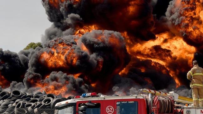 A tyre fire at a Melbourne factory in 2016 sent up a thick black plume of smoke that was seen up to 75km, with 50 firefighters and 20 vehicles including a fire bomber battling the blaze.