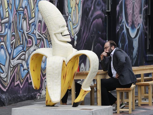 A bemused local mulls the banana. Picture: Alex Coppel