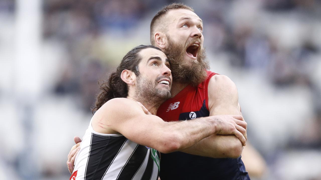 Brodie Grundy of the Magpies and Max Gawn of the Demons. Picture: Daniel Pockett