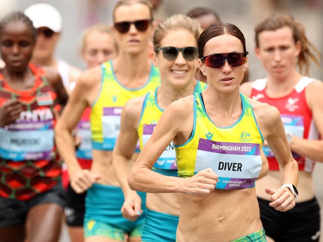 BIRMINGHAM, ENGLAND - JULY 30: Sinead Diver of Team Australia competes during the Women's Marathon on day two of the Birmingham 2022 Commonwealth Games at Smithfield on July 30, 2022 on the Birmingham, England. (Photo by Mark Kolbe/Getty Images)