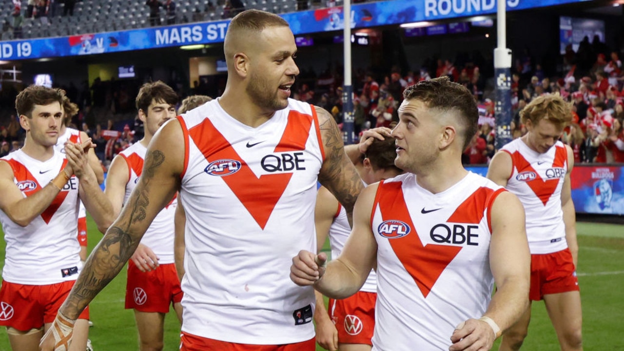 MELBOURNE, AUSTRALIA - JULY 11: Lance Franklin (L) and Tom Papley of the Swans celebrate during the 2021 AFL Round 17 match between the Western Bulldogs and the Sydney Swans at Marvel Stadium on July 11, 2021 in Melbourne, Australia. (Photo by Michael Willson/AFL Photos via Getty Images)