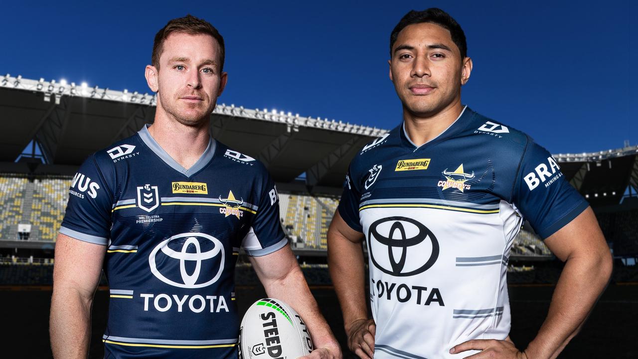 North Queensland Cowboys captain Michael Morgan and Jason Taumalolo model the club's 2021 jerseys made by Dynasty. Picture: COWBOYS MEDIA