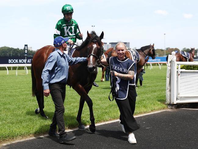 Jockey Adam Hyeronimus brings Shaggy back to scale following his Pierro Plate win at Royal Randwick on February 15. Picture: Jeremy Ng / Getty Images