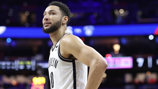 Ben Simmons #10 of the Brooklyn Nets looks on during the first quarter against the Philadelphia 76ers at Wells Fargo Center on January 25, 2023 in Philadelphia, Pennsylvania. NOTE TO USER: User expressly acknowledges and agrees that, by downloading and or using this photograph, User is consenting to the terms and conditions of the Getty Images License Agreement. (Photo by Tim Nwachukwu/Getty Images)