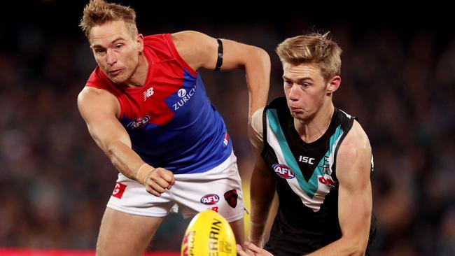 Todd Marshall had nine disposals and kicked 0.1 in Port’s win over Melbourne but his hardball get and handball to Travis Boak set up an important goal to Justin Westhoff. Picture: James Elsby/AFL Media/Getty Images