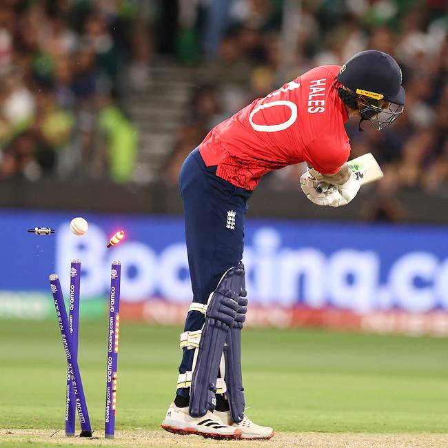 Alex Hales clean bowled in the first over. Picture: Michael Klein.