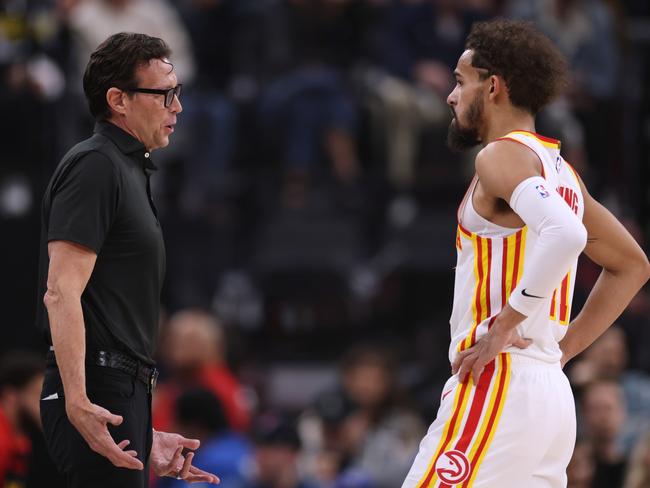 Head coach Quin Snyder and Trae Young of the Atlanta Hawks talk. Picture: Harry How/Getty Images