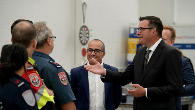 Victorian Premier Daniel Andrews and James Merlino, Minister for Mental Health, meet paramedics at North Melbourne Ambulance station before making an announcement of increased mental health support. Picture: NCA NewsWire / Andrew Henshaw