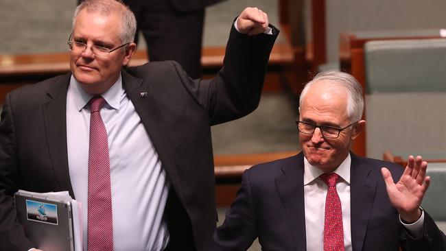 Scott Morrison and Malcolm Turnbull arrive for Question Time on Tuesday. Picture: Kym Smith.