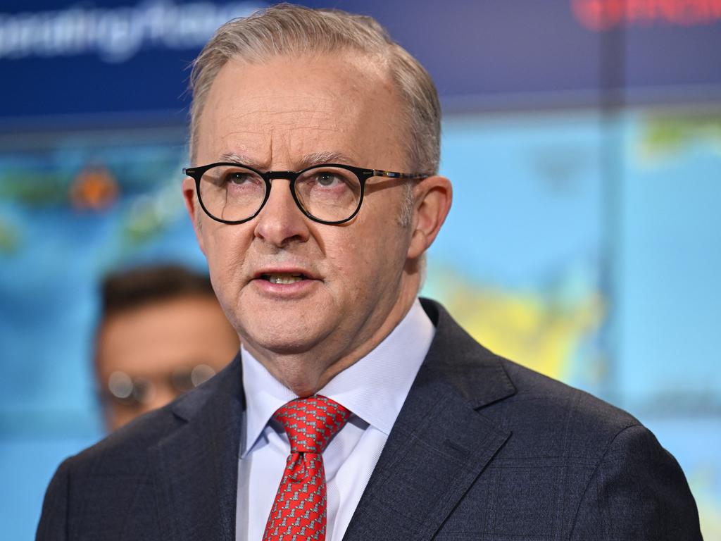 Prime Minister Anthony Albanese at a media briefing in the National Situation Room in Canberra. Picture: Martin Ollman