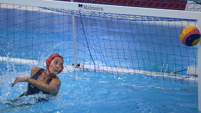 Australia's goalkeeper Gabriella Palm eyes the ball during the women's bronze medal match between Australia and Hungary of the water polo event at the 2019 World Championships. Picture: Ed JONES/AFP