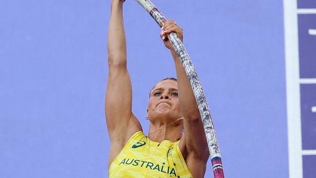 PARIS, FRANCE - AUGUST 05: Nina Kennedy of Team Australia competes during Women's Pole Vault Qualification on day ten of the Olympic Games Paris 2024 at Stade de France on August 05, 2024 in Paris, France. (Photo by Cameron Spencer/Getty Images)