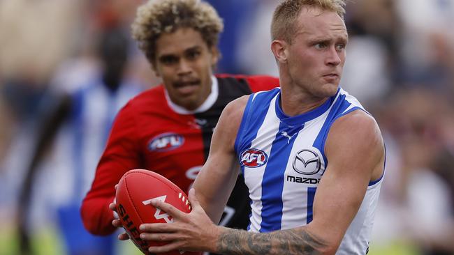 MELBOURNE , AUSTRALIA. March 3, 2024.  AFL. Community Cup series. St Kilda vs North Melbourne at RSEA Park, Moorabbin.   Jaidyn Stephenson of the Kangaroos     . Pic: Michael Klein