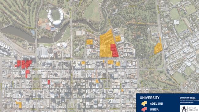 Map showing the exempted land within Adelaide City Council occupied by universities in 2008-09. Image: Adelaide City Council