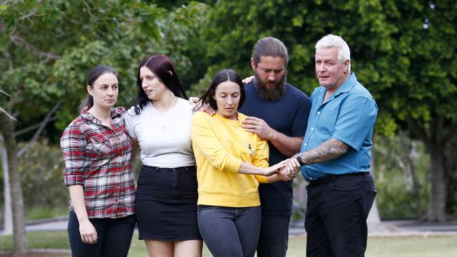 Kelly Wilkinson’s family on the Gold Coast., Sisters Emma Wilkinson, Natalie Wilkinson, Danielle Carroll and her husband Reece Carroll, and Kelly's dad Reg Wilkinson. Picture: Tertius Pickard