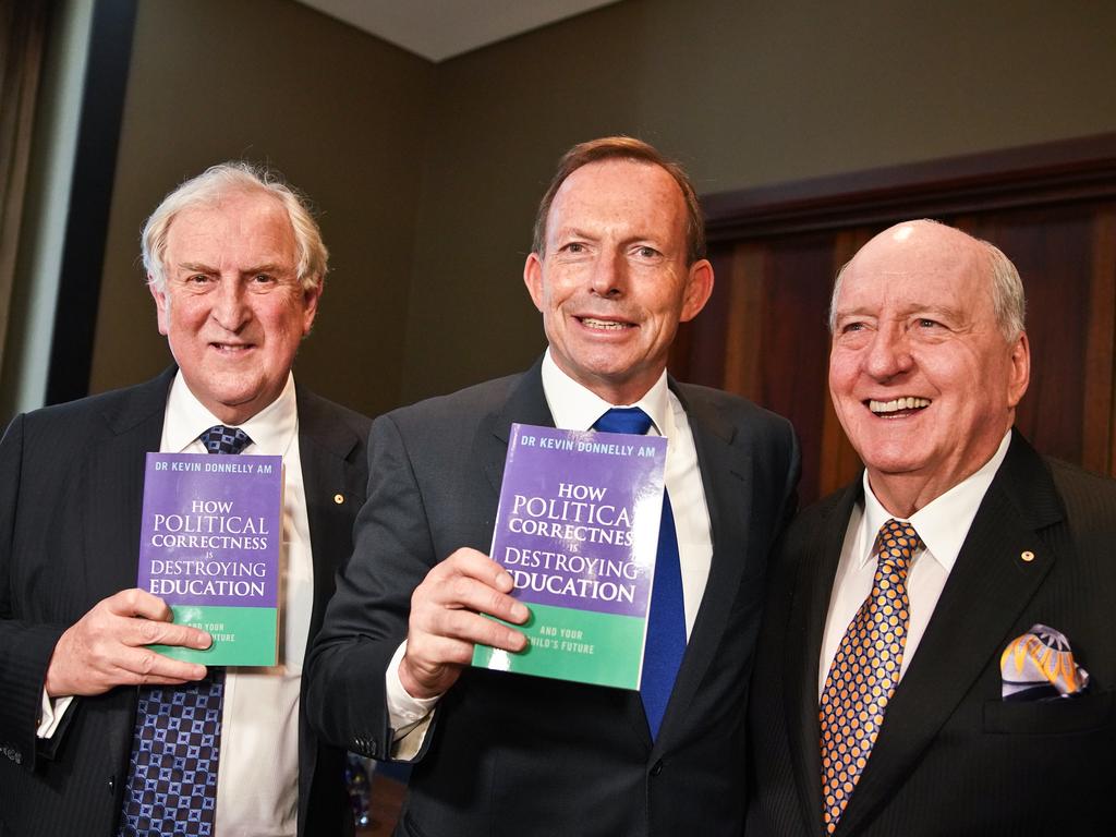 Dr Kevin Donnelly, Tony Abbott and radio broadcaster Alan Jones at the launch. Picture: Ben Rushton/AAP