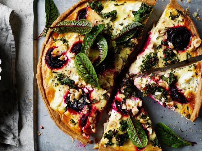 Beetroot, kale and hazelnut quiche.