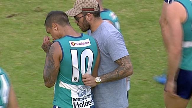 Harley Bennell chats to cousin Treye Bennell at a WAFL match on Saturday. Picture: Channel Seven