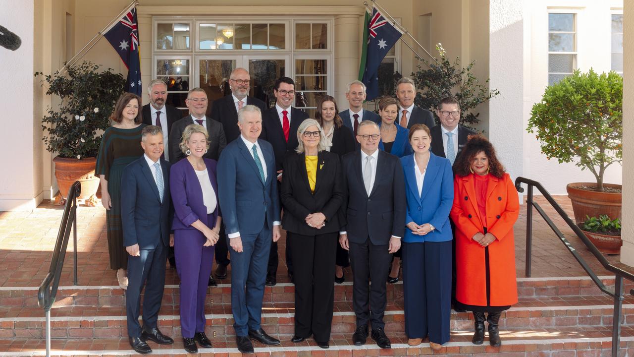 Governor-General Sam Mostyn and Prime Minister Anthony Albanese pose with members of the federal ministry after a swearing-in ceremony at Government House in Canberra. Picture: David Beach/NewsWire