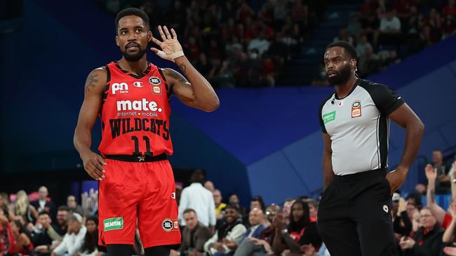 PERTH, AUSTRALIA - SEPTEMBER 20: Bryce Cotton of the Wildcats gestures to the supporters during the round one NBL match between Perth Wildcats and South East Melbourne Phoenix at RAC Arena, on September 20, 2024, in Perth, Australia. (Photo by Paul Kane/Getty Images)