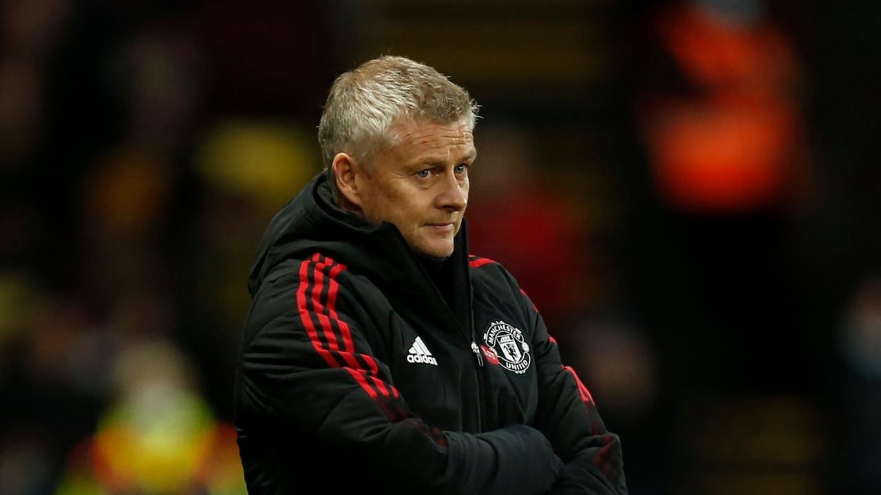 Manchester United's Norwegian manager Ole Gunnar Solskjaer reacts during the English Premier League football match between Watford and Manchester United at Vicarage Road Stadium in Watford, southeast England, on November 20, 2021. (Photo by Ian KINGTON / AFP) / RESTRICTED TO EDITORIAL USE. No use with unauthorized audio, video, data, fixture lists, club/league logos or 'live' services. Online in-match use limited to 120 images. An additional 40 images may be used in extra time. No video emulation. Social media in-match use limited to 120 images. An additional 40 images may be used in extra time. No use in betting publications, games or single club/league/player publications. /