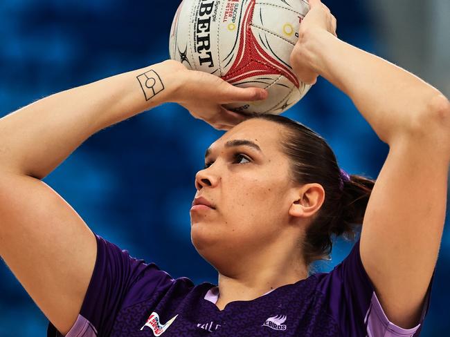 SYDNEY, AUSTRALIA - JUNE 09: Donnell Wallam of the Firebirds warms up ahead during the round nine Super Netball match between Giants Netball and Queensland Firebirds at Ken Rosewall Arena, on June 09, 2024, in Sydney, Australia. (Photo by Jenny Evans/Getty Images)