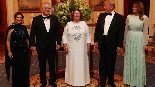 Australian Prime Minister Scott Morrison and his wife Jenny woth Donald and Melania Trump and Gina Rinehart in the centre. Picture: Adam Taylor