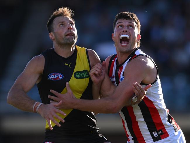 Toby Nankervis and Rowan Marshall grapple in the ruck on Sunday. Picture: Mark Brake/Getty Images.