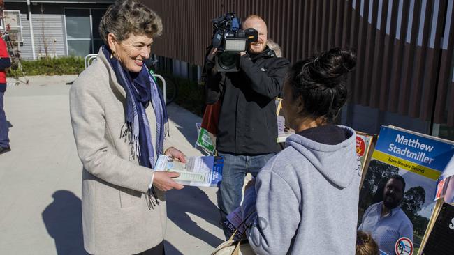 Liberal candidate for Eden-Monaro Fiona Kotvojs talks to a voter in Queanbeyan. Picture: Sean Davey