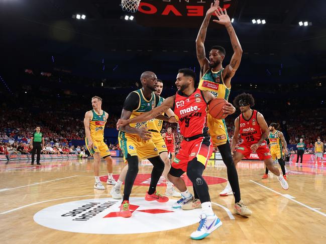 Corey Webster of the Wildcats works to the basket during game one of the NBL Semifinal series between Perth Wildcats and Tasmania Jackjumpers at RAC Arena. Picture: Paul Kane/Getty Images.