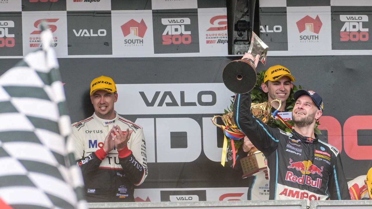 Shane van Gisbergen celebrates after winning the V8 Supercars championship after the VALO Adelaide 500.: Picture: Brenton Edwards