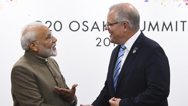 Scott Morrison with Indian Prime Minister Narendra Modi in Osaka, Japan, in June. Picture: AAP