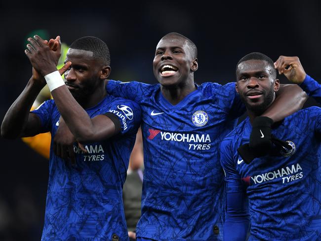 LONDON, ENGLAND - DECEMBER 22: (L-R) Antonio Rudiger, Kurt Zouma and Fikayo Tomori of Chelsea celebrate  during the Premier League match between Tottenham Hotspur and Chelsea FC at Tottenham Hotspur Stadium on December 22, 2019 in London, United Kingdom. (Photo by Michael Regan/Getty Images)