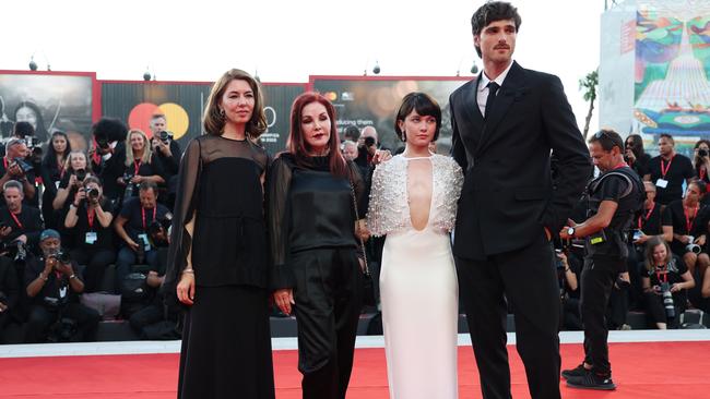 Sofia Coppola, Priscilla Presley, Cailee Spaeny and Jacob Elordi attend a red carpet for the movie Priscilla at the 80th Venice International Film Festival. Picture: Getty