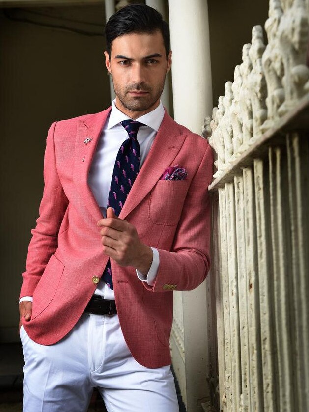 Melbourne Cup look: Watermelon Prezza blazer, white linen shirt, white cotton chino, navy parrot silk tie, red paisley linen pocket square, and silver tie bar. Picture: Tony Gough