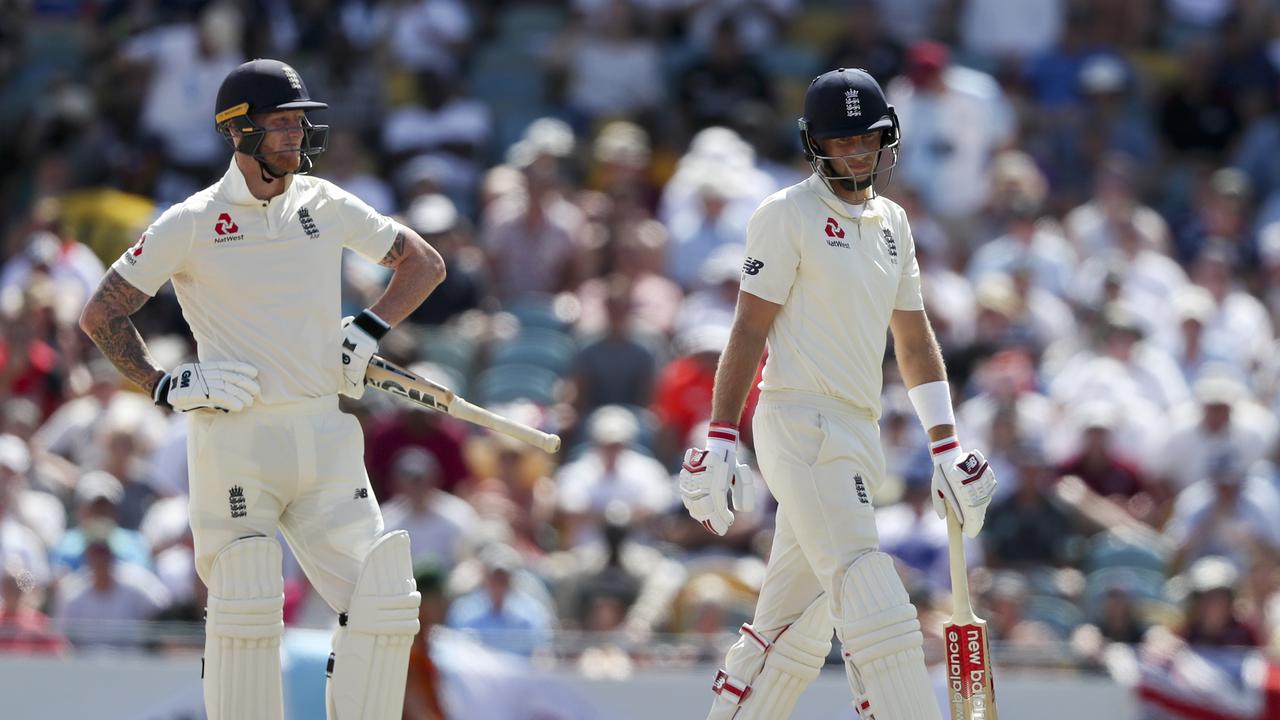 England captain Joe Root walks off after being trapped lbw for four. 