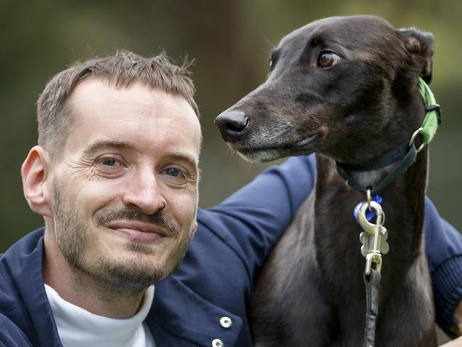 0203/20221:  Simon Alexander and his greyhound, Pendles, at their local park  in Brunswick. ItÃs the first anniversary of the pets in rentals legislation. Picture: David Geraghty