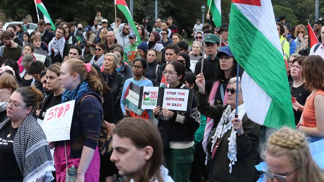 Pro-Palestine protesters gather at the University of Sydney encampment on Friday demanding an end to the violence in Gaza. Picture: Britta Campion