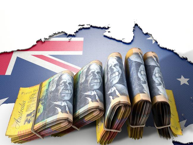 The shape of the country of Australia in the colours of its national flag recessed into an isolated white surface with a wad of folded Australian Dollar notes resting on it; ; superannuation saving generic