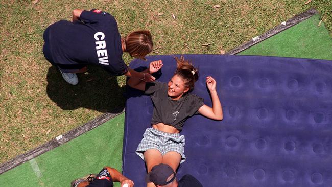 Zoe Thiel, 10, took the plunge at bungee jumping venue at Magic Kingdom Amusement Park, Lansvale. Picture: Amusement Centres Travel